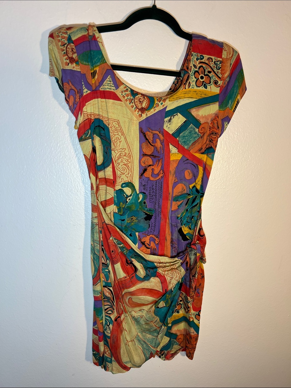 By Choice 80s Vintage Abstract Multi-Color Cap Sleeve Faux Wrap Mini Dress 3 XS